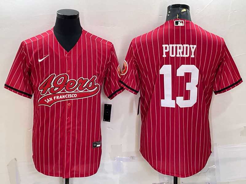 Mens San Francisco 49ers #13 Brock Purdy Red Pinstripe With Patch Cool Base Stitched Baseball Jersey